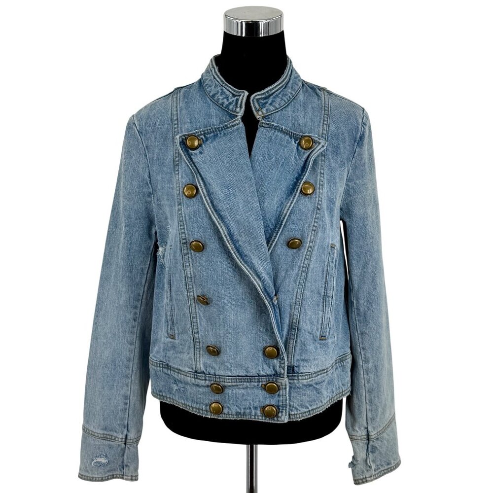RARE Free People Military Denim Jacket L| Coastal Cowgirl Grunge Boho Streetwear - Picture 2 of 16